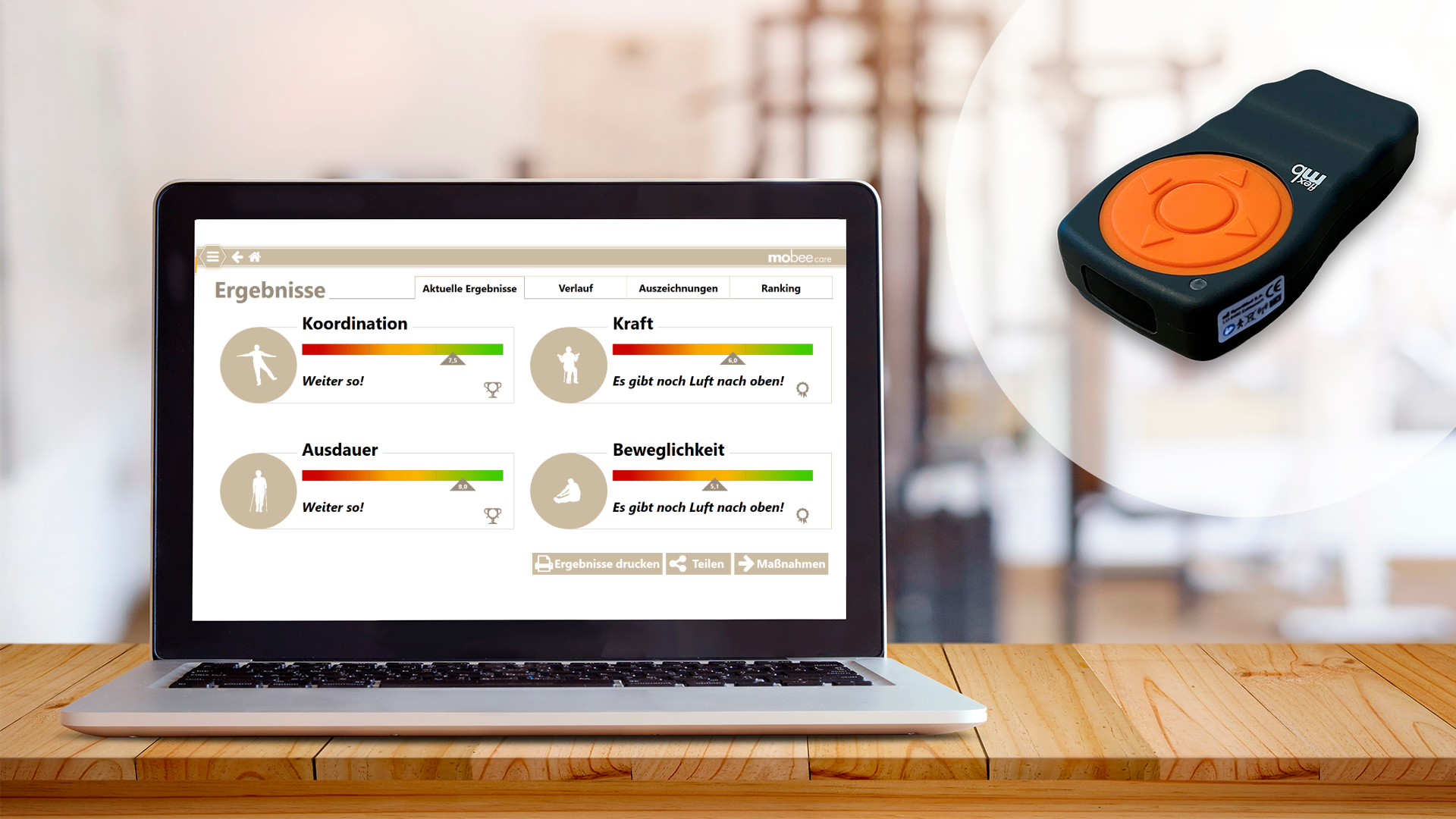 Laptop zeigt Ergebnis der digitalen Diagnostik und das Analysetool mobee fit/med. Dieses wird auch für das Modul mobee care genutzt.