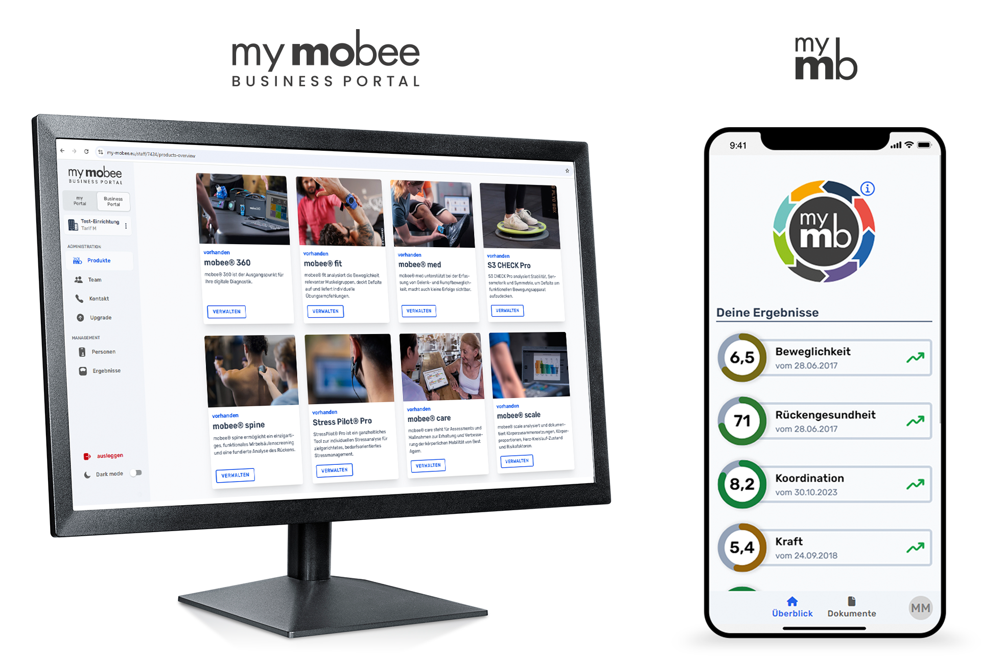 Handy zeigt my mobee App und Bildschirm zeigt my mobee Business Portal - digitale Diagnostik von mobee360